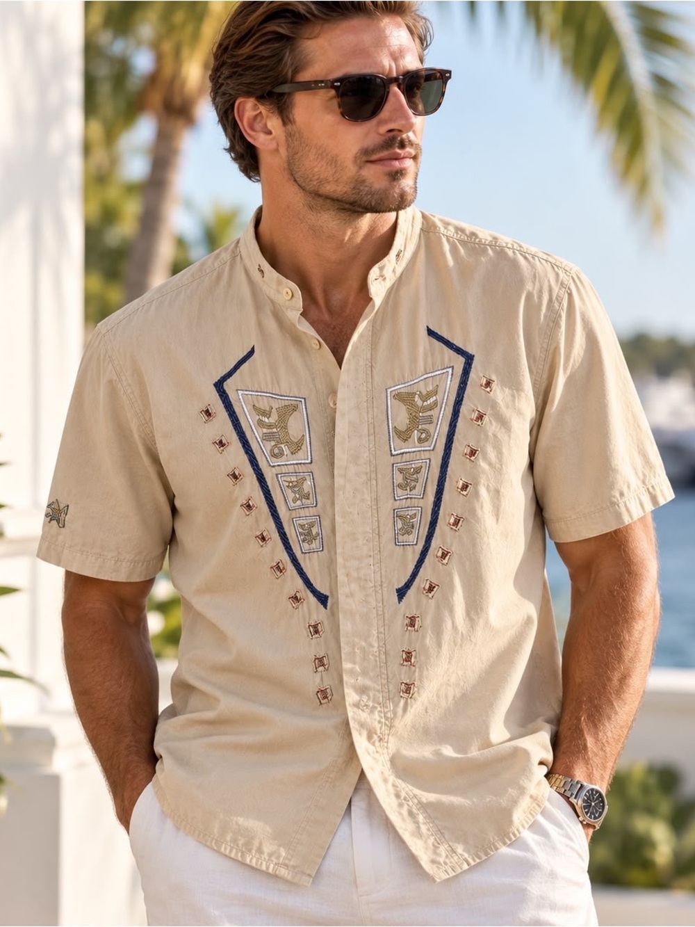 Vintage Ayme Ecuador Men's L Beige Cotton Embroidered Band Collar Shirt Boho